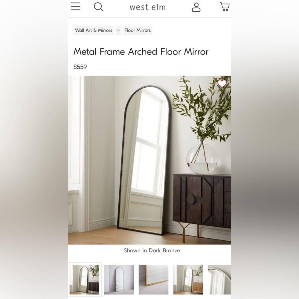 NEW West Elm Full Length Arched Black Framed Boho Floor / Wall Mirror 65" x 24" - Picture 7 of 12